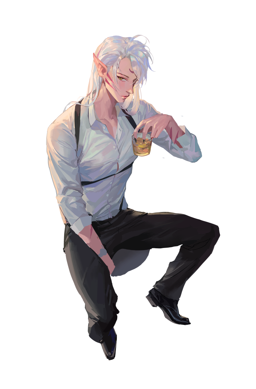 1boy alcohol black_footwear black_nails black_pants brown_eyes chest_hair collarbone collared_shirt commentary_request cup dress_shirt drink drinking_glass facial_mark forehead_mark highres holding holding_drink inuyasha long_hair long_sleeves looking_at_viewer male_focus mmmilk pants pointy_ears sesshoumaru shirt simple_background solo whisker_markings whiskey white_background white_hair white_shirt