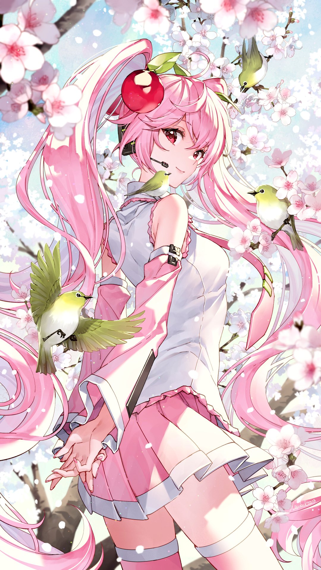 1girl ahoge arms_behind_back bird cherry_blossoms closed_mouth detached_sleeves fingernails flower from_behind hatsune_miku highres light_brown_hair long_hair looking_at_viewer nardack necktie petals pink_hair pink_legwear pink_nails pink_necktie pleated_skirt red_eyes sakura_miku skirt smile solo thigh-highs thighs very_long_hair vocaloid zettai_ryouiki