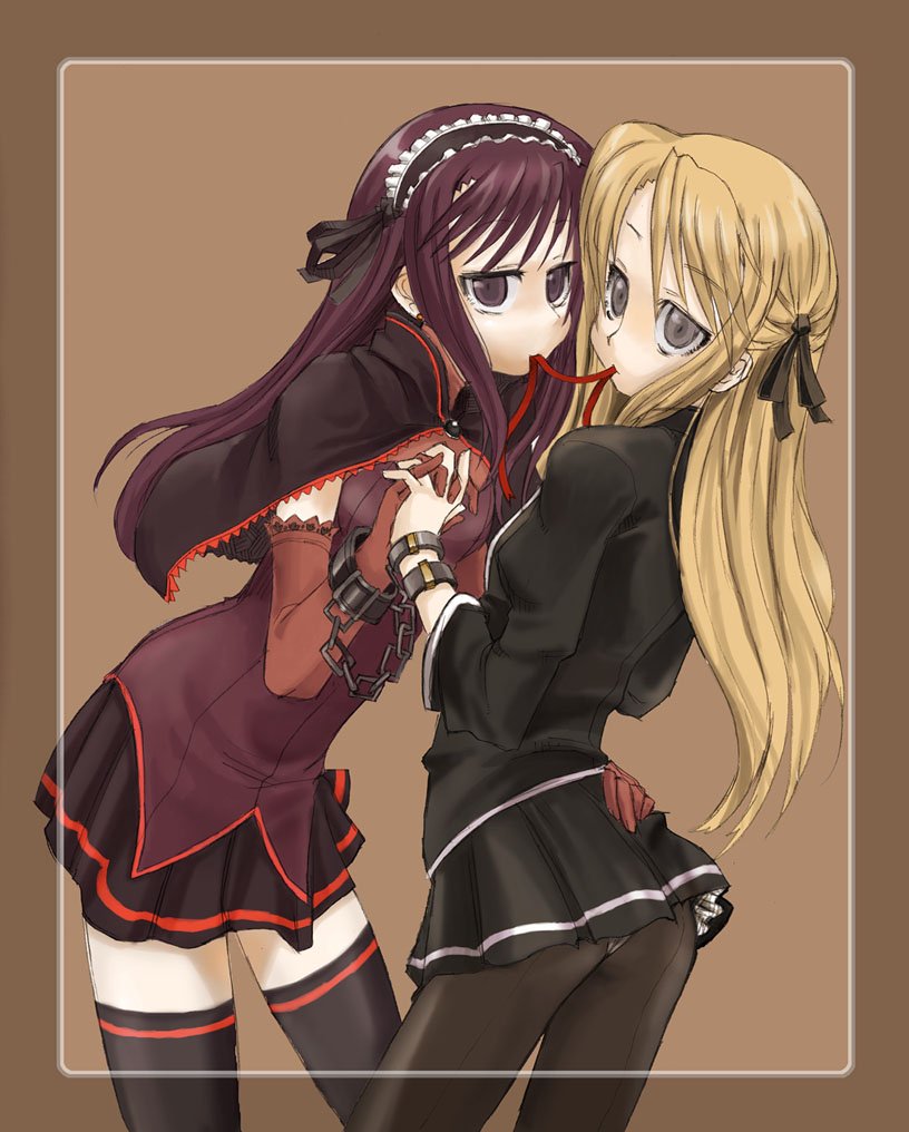 2girls black_legwear blonde_hair brown_background chain commentary_request elbow_gloves gloves gothic long_hair long_sleeves malariya multiple_girls nabeyu panties panties_under_pantyhose pantyhose purple_hair quiz_magic_academy revision ribbon school_uniform shalon simple_background skirt thigh-highs underwear yuri zettai_ryouiki