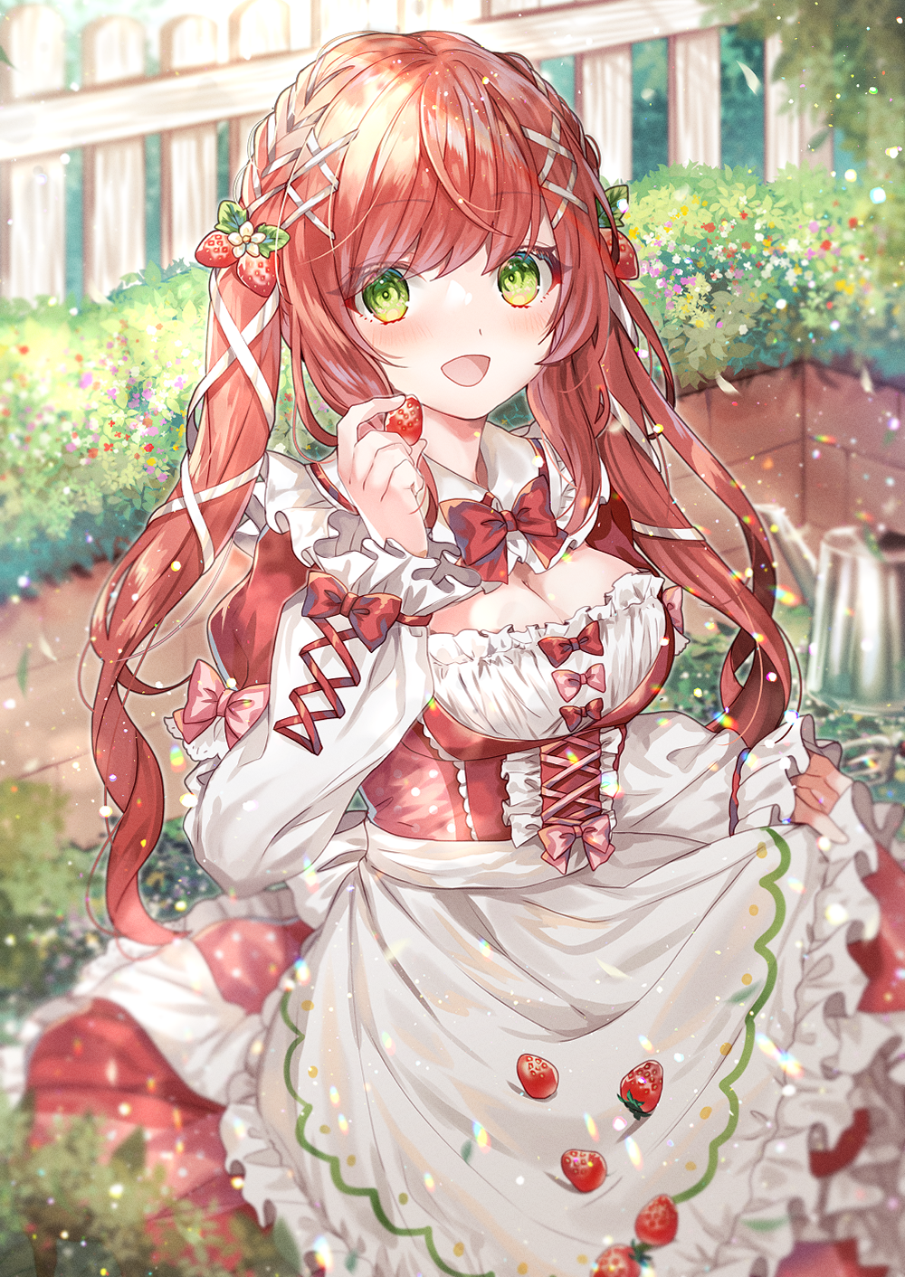 1girl apron bangs blush breasts clothes_lift collared_dress dress dress_lift eyebrows_visible_through_hair food frills fruit green_eyes hair_ornament hair_ribbon highres holding holding_food holding_fruit lifted_by_self long_hair long_sleeves looking_at_viewer open_mouth original pinafore_dress redhead ribbon shione_(memento_forest) smile strawberry twintails