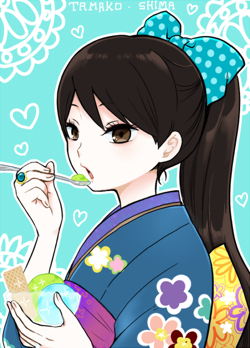 1girl :o alternate_hairstyle aqua_background bangs black_hair blue_bow blue_kimono bow brown_eyes character_name chestnut_mouth cup eating eyelashes fingernails floral_print food from_side hair_bow hair_up han'eri heart heart_background holding holding_cup holding_food holding_spoon ice_cream japanese_clothes jewelry kimono looking_at_viewer looking_to_the_side obiage official_art outline parted_lips polka_dot polka_dot_bow ponytail print_kimono ring romaji_text sana_(memechi) shima_tamako solo sparkle spoon taisho_otome_otogibanashi tied_hair tongue upper_body wafer white_outline