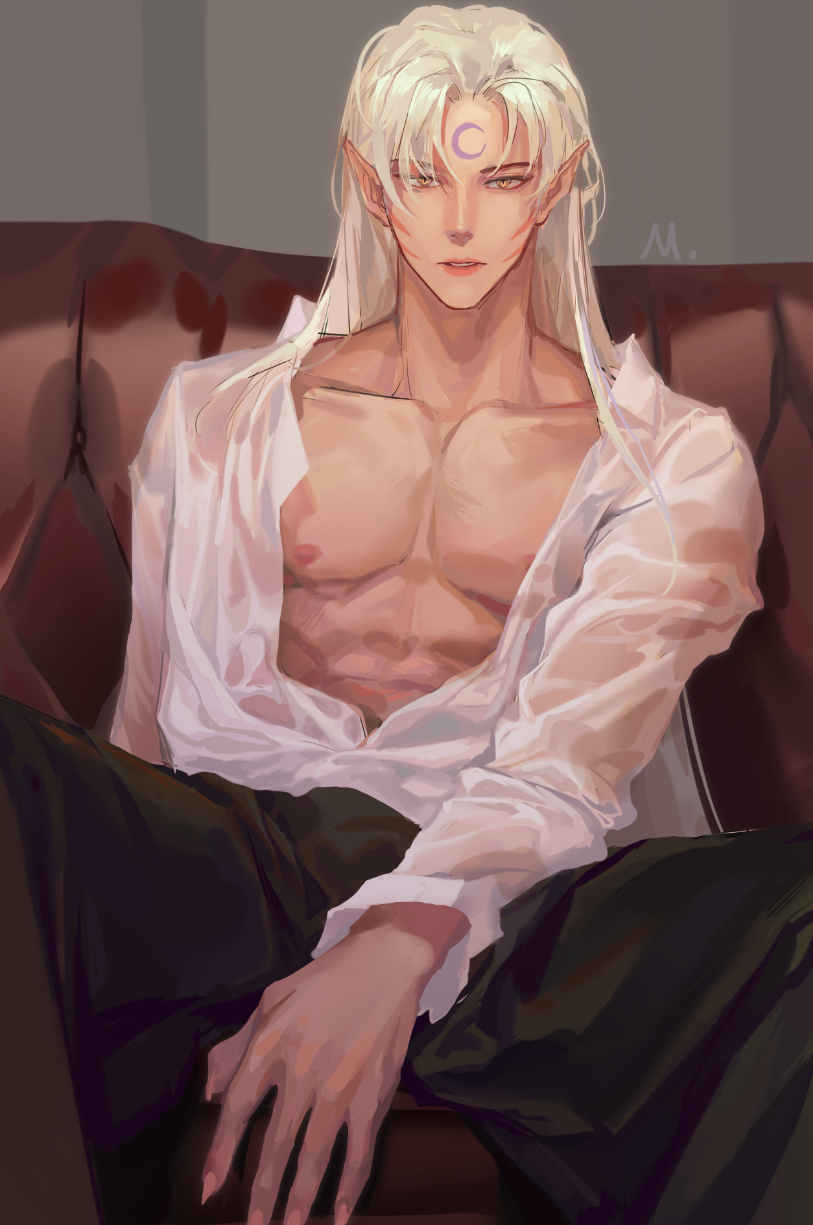 1boy black_pants collared_shirt facial_mark feet_out_of_frame forehead_mark highres inuyasha long_hair long_sleeves looking_at_viewer male_focus mmmilk nipples open_clothes open_shirt pants pectoral_cleavage pectorals pointy_ears sesshoumaru shirt sitting solo whisker_markings white_hair white_shirt yellow_eyes