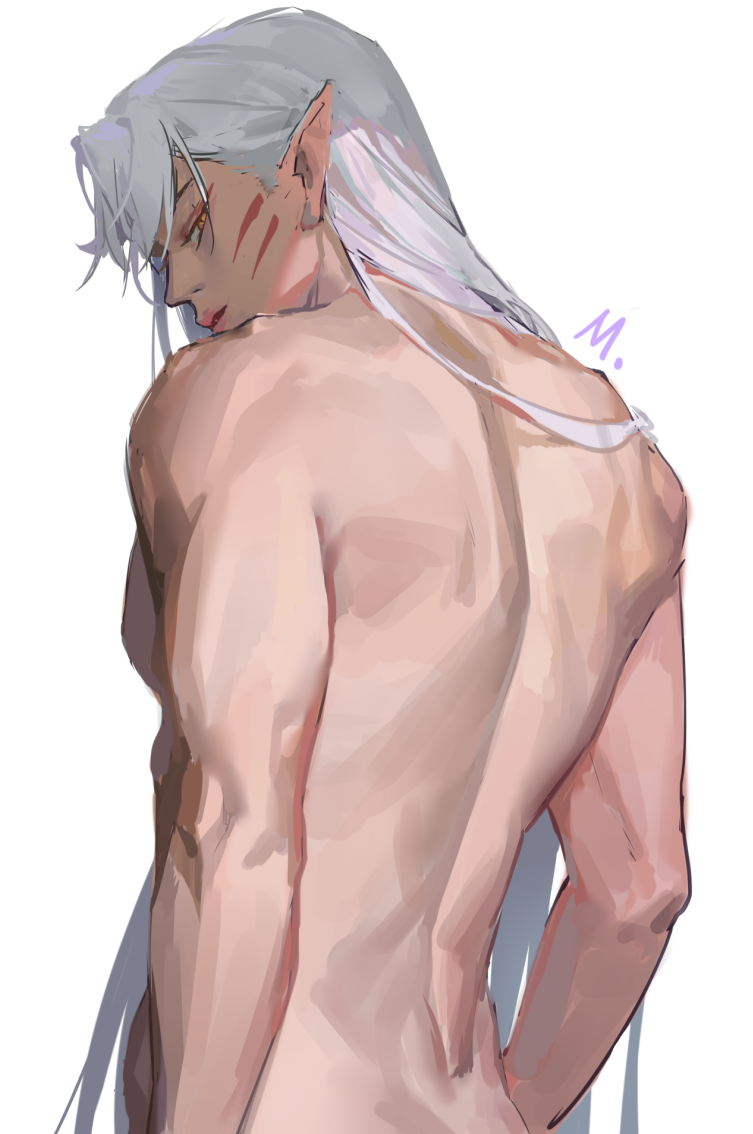 1boy back commentary facial_mark from_behind inuyasha long_hair looking_at_viewer looking_back male_focus mmmilk nude parted_lips pointy_ears sesshoumaru simple_background solo upper_body whisker_markings white_background white_hair yellow_eyes