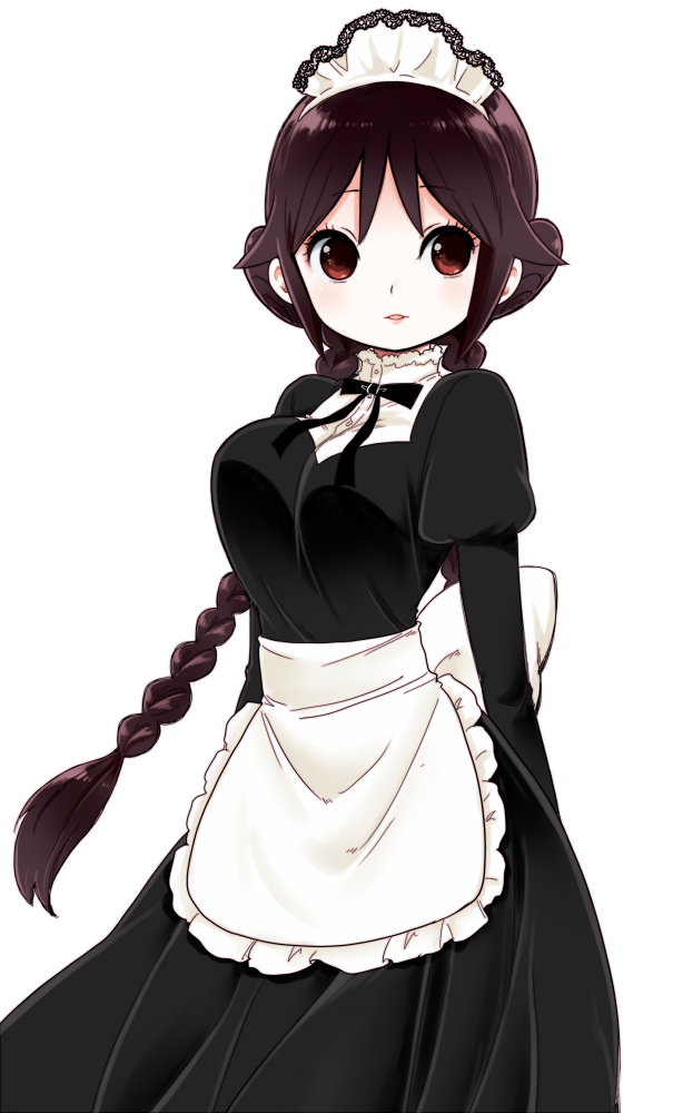 1girl alternate_costume apron arms_behind_back back_bow bangs black_dress bow braid breasts brown_hair cowboy_shot double_bun dress enmaided eyebrows_visible_through_hair eyelashes frilled_apron frilled_hairband frills hairband high_collar juliet_sleeves lace_trim large_breasts light_blush light_smile long_dress long_sleeves looking_at_viewer looking_to_the_side low_twintails maid maid_headdress official_art parted_lips puffy_sleeves red_eyes sana_(memechi) solo tachibana_yuzuki taisho_otome_otogibanashi transparent_background twin_braids twintails waist_apron white_apron white_bow white_hairband
