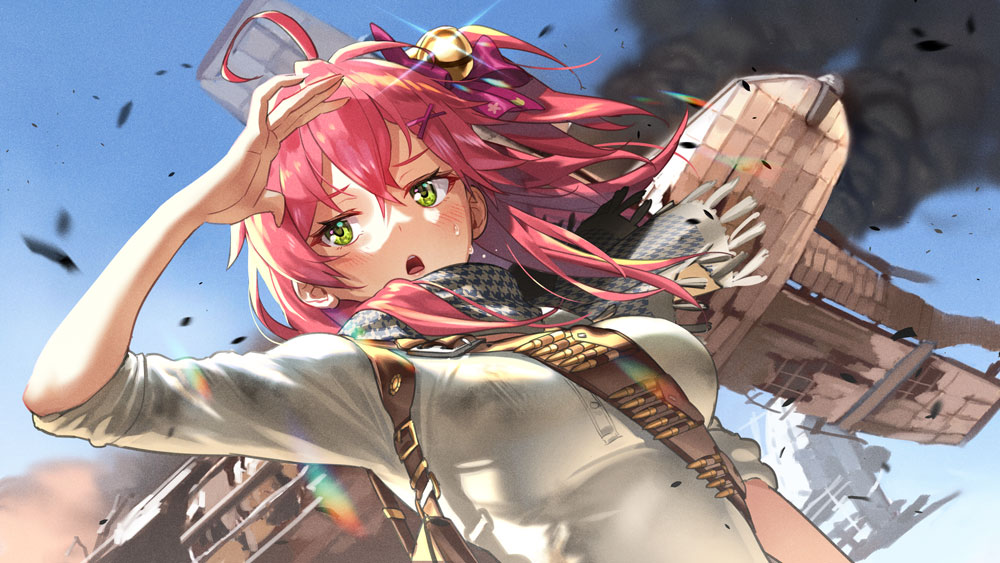 1girl ahoge arm_up bandolier bangs bell blush bow breasts green_eyes hair_bell hair_between_eyes hair_bow hair_ornament hikosan hololive jingle_bell large_breasts long_hair long_sleeves one_side_up red_bow redhead sakura_miko scarf shading_eyes shirt sleeves_rolled_up smoke solo sweat uncharted_3 upper_body virtual_youtuber white_shirt