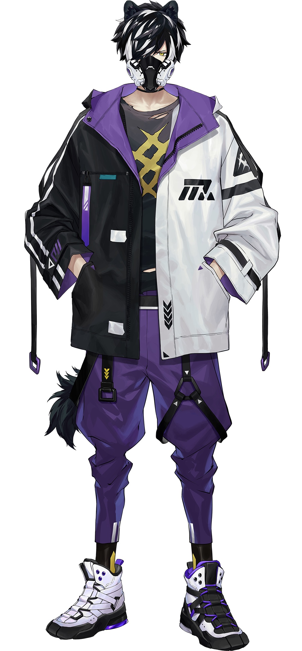 1boy animal_ears asymmetrical_footwear asymmetrical_jacket black_choker black_hair black_jacket black_legwear buckle choker full_body grey_shirt hair_over_one_eye hands_in_pockets highres holostars hood hooded_jacket jackal_boy jackal_ears jackal_tail jacket kageyama_shien looking_at_viewer male_focus multicolored_clothes multicolored_hair multicolored_jacket namakawa official_art open_clothes open_jacket pale_skin pants print_shirt purple_pants respirator shirt shoes sneakers solo standing straight-on streaked_hair tail torn_clothes torn_shirt transparent_background two-sided_fabric two-sided_jacket two-tone_hair v-shaped_eyebrows virtual_youtuber white_footwear white_hair white_jacket yellow_eyes zipper