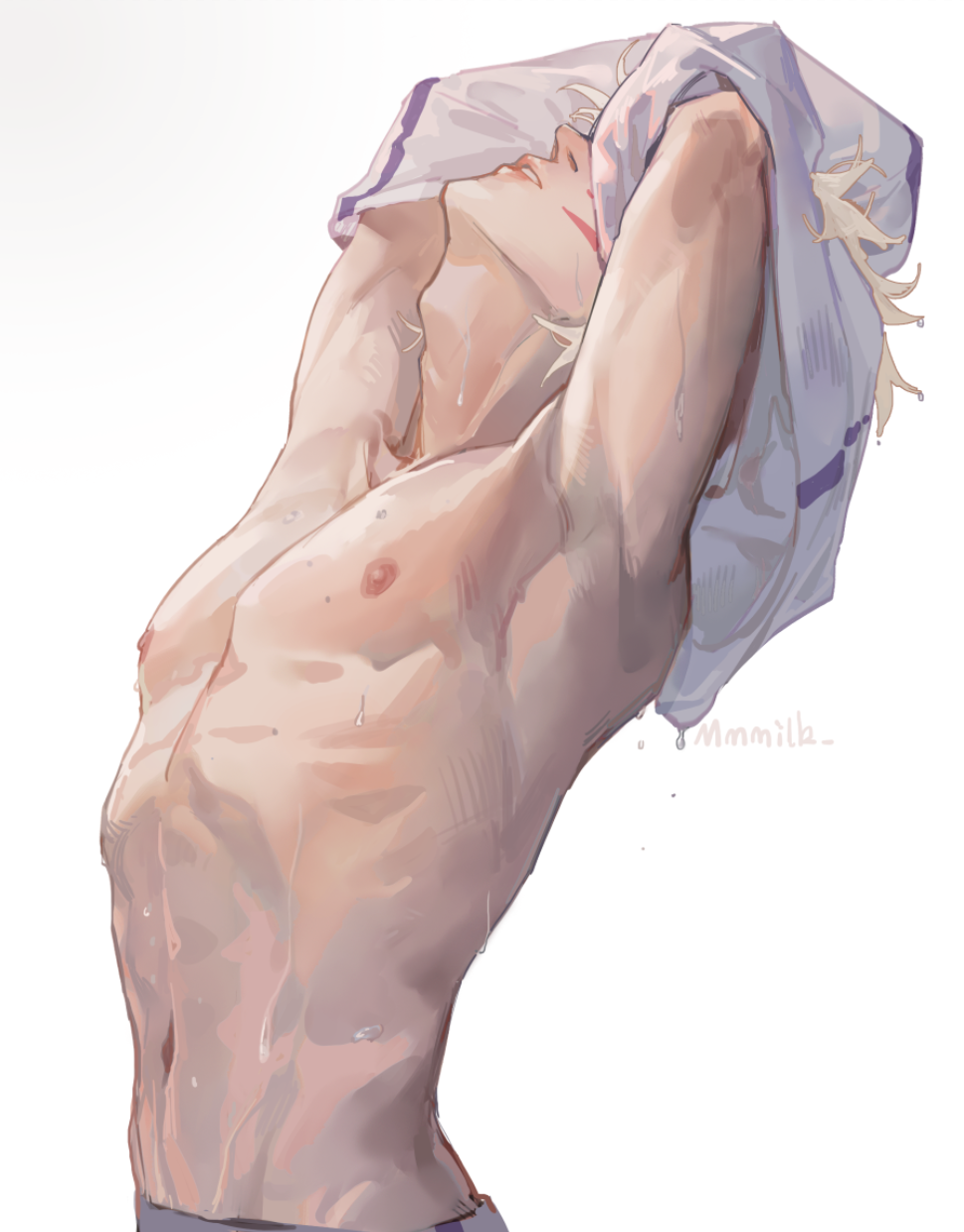 1boy armpits artist_name collarbone commentary facial_mark highres inuyasha male_focus mmmilk nipples parted_lips pectorals simple_background solo sweat topless_male undressing upper_body wet whisker_markings white_background