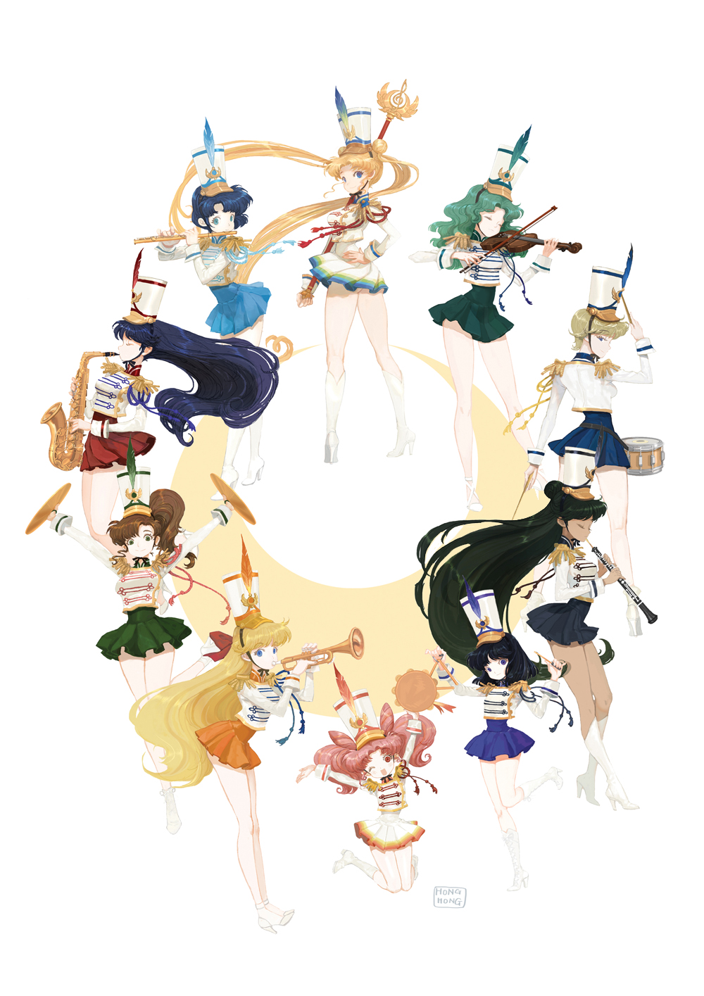 6+girls ;p adapted_costume aiguillette aino_minako arm_at_side arms_up band_uniform bangs bishoujo_senshi_sailor_moon black_hair blonde_hair blue_dress blue_eyes blue_hair boots breasts brown_hair buttons chibi_usa chin_strap closed_eyes crescent cropped_jacket dark-skinned_female dark_skin double-breasted double_bun dress drum drumsticks epaulettes floating_hair flute green_dress green_eyes green_hair hair_bun hair_cones hair_ribbon half_updo hand_on_hip hand_up hands_up hat high_heel_boots high_heels highres hino_rei holding holding_drumsticks holding_instrument hong_yun_ji horn_(instrument) instrument instrument_request jacket jumping kaiou_michiru kino_makoto knee_boots leaning_forward leg_up legs_together long_hair long_sleeves looking_at_viewer looking_back majorette marching_band marching_band_baton meiou_setsuna mizuno_ami multiple_girls music one_eye_closed orange_dress parted_bangs pink_hair playing_instrument pleated_dress pleated_skirt profile purple_dress red_dress red_ribbon ribbon shako_cap short_dress short_hair side_ponytail skirt smile standing tassel ten'ou_haruka tomoe_hotaru tongue tongue_out trumpet tsukino_usagi twintails very_long_hair violet_eyes violin wavy_hair white_background white_dress white_footwear white_headwear white_jacket wrist_cuffs