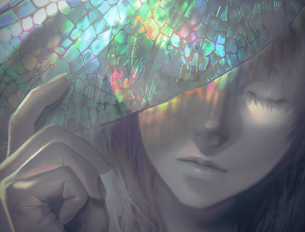 1girl bangs brown_hair close-up closed_eyes closed_mouth covering_one_eye diao_(sen_zoku) eyelashes face facing_viewer fingernails holding insect_wings lips original realistic spot_color transparent_wings wings