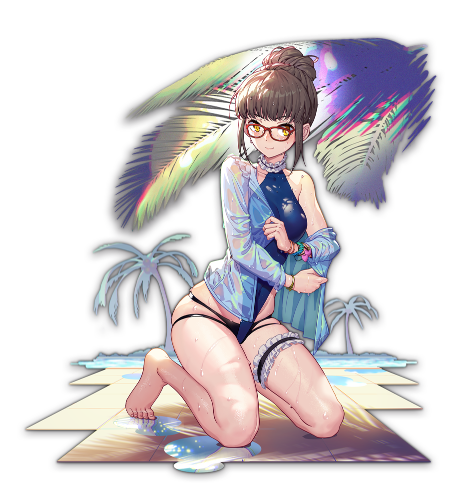 1girl artist_request bangs barefoot beach bracelet brown_hair coconut coconut_tree game_cg glasses hair_bun jewelry kneeling looking_at_viewer mahjong_soul ninomiya_hana official_art one-piece_swimsuit palm_tree puddle red-framed_eyewear shirt simple_background swimsuit third-party_source transparent_background tree undressing wet wet_clothes wet_hair wet_shirt yostar