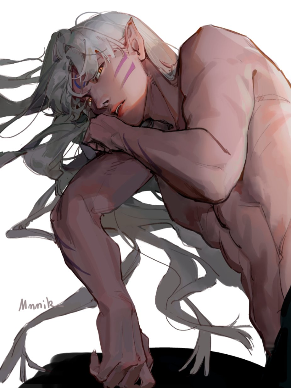 1boy abs artist_name commentary_request facial_mark forehead_mark highres inuyasha long_hair looking_at_viewer male_focus mmmilk pointy_ears sesshoumaru simple_background slit_pupils solo topless_male whisker_markings white_background white_hair yellow_eyes