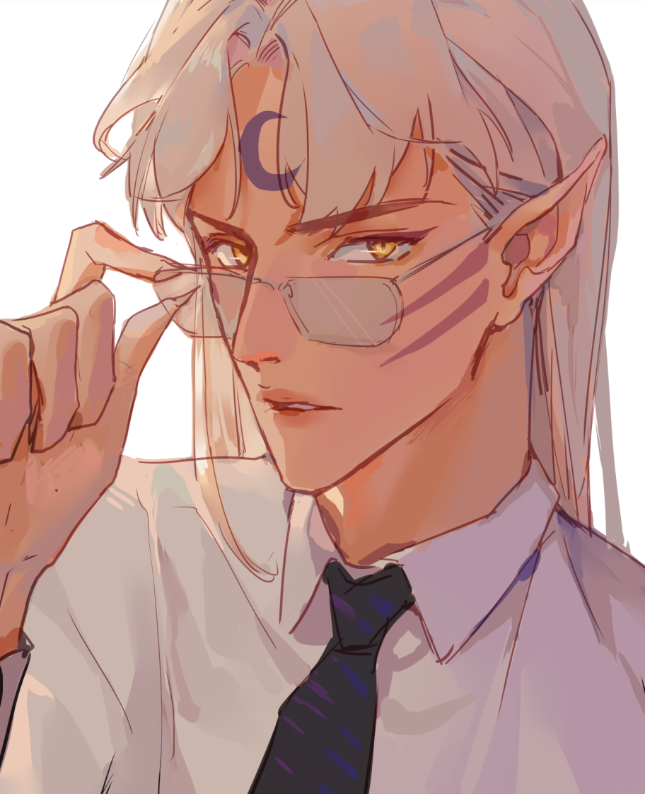 1boy adjusting_eyewear black_necktie collared_shirt commentary_request hand_up inuyasha long_hair looking_over_eyewear male_focus mmmilk necktie parted_lips pointy_ears sesshoumaru shirt simple_background solo upper_body white_background white_hair white_shirt yellow_eyes