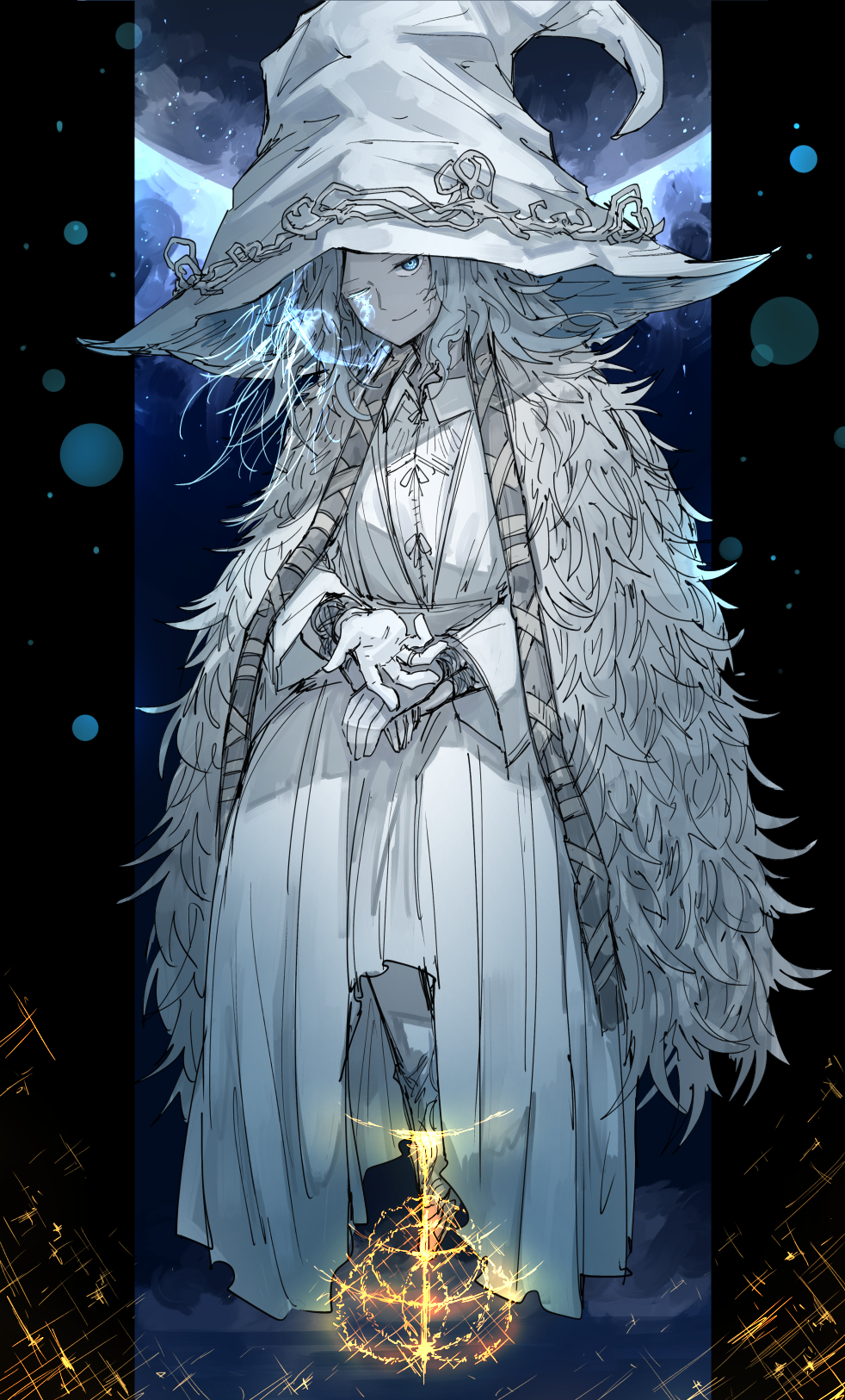 1girl blue_eyes cloak closed_mouth colored_skin cracked_skin dress elden_ring elden_ring_(object) extra_arms extra_faces full_moon fur_cloak grey_hair grey_skin hat highres invisible_chair kan_(aaaaari35) large_hat long_dress looking_at_viewer medium_hair moon one_eye_closed ranni_the_witch sitting smile solo white_dress white_headwear witch_hat