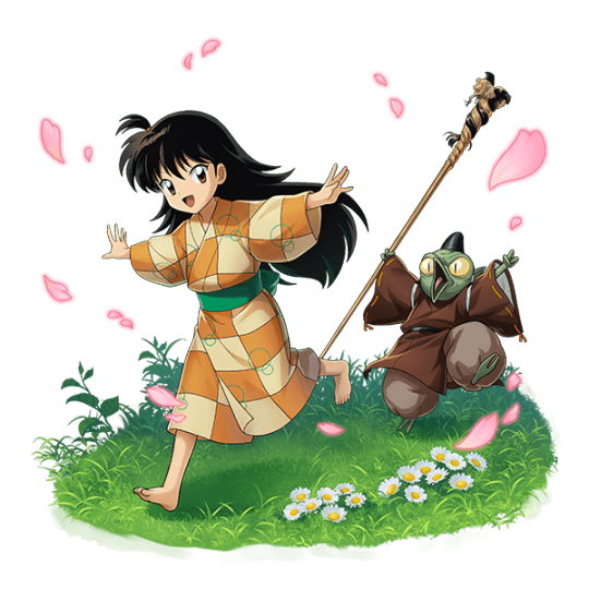 1boy 1girl barefoot brown_hair cherry_blossoms crossover demon flower grass happy inuyasha jaken japanese_clothes kimono long_hair non-web_source official_art othellonia outstretched_arms rin_(inuyasha) running spread_arms staff very_long_hair