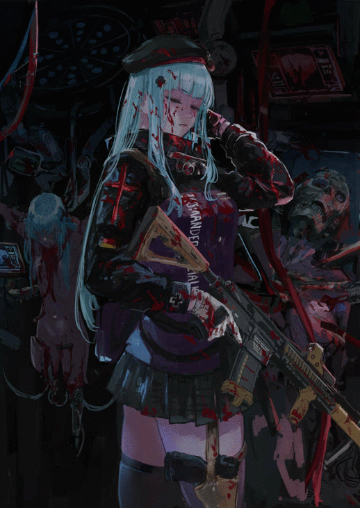 2girls android assault_rifle bangs beret black_legwear blood blood_on_clothes blood_on_face blue_hair blunt_bangs breasts closed_eyes corpse girls_frontline gloves gun h&amp;k_hk416 handgun hat hk416_(girls'_frontline) holding holding_gun holding_weapon holster jacket long_hair multiple_girls osakana_(denpa_yun'yun) pleated_skirt rifle skirt thigh-highs thigh_holster weapon white_gloves