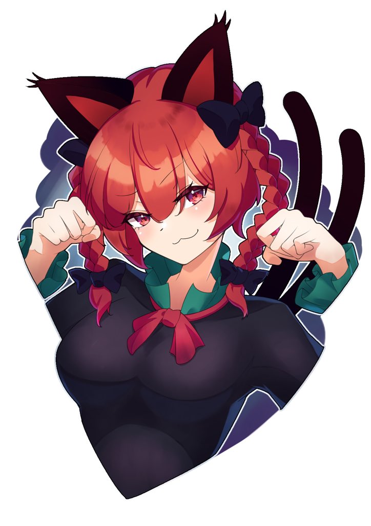 1girl :3 animal_ears bangs black_bow blush bow braid breasts cat_ears dress eyebrows_visible_through_hair garasuno hair_bow kaenbyou_rin large_breasts long_sleeves looking_at_viewer nekomata paw_pose red_eyes red_neckwear redhead smile solo touhou twin_braids twintails upper_body