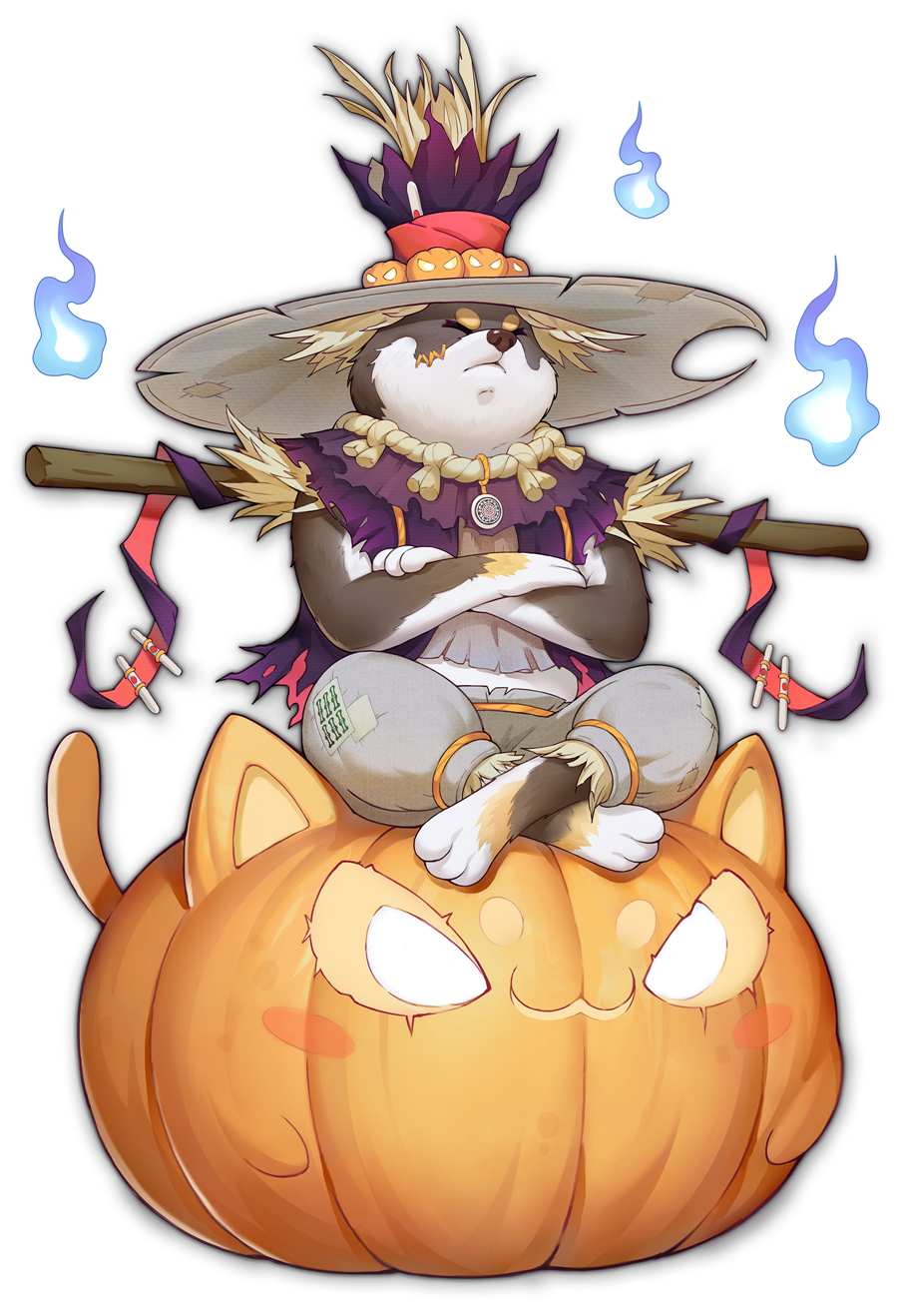 1boy :3 animal_ears artist_request cat_ears cat_tail crossed_arms crossed_legs frown furry furry_male game_cg hat highres jack-o'-lantern mahjong mahjong_soul male_focus official_art patch scarecrow simple_background sitting solo straw tail tenbou third-party_source transparent_background wanjirou yostar