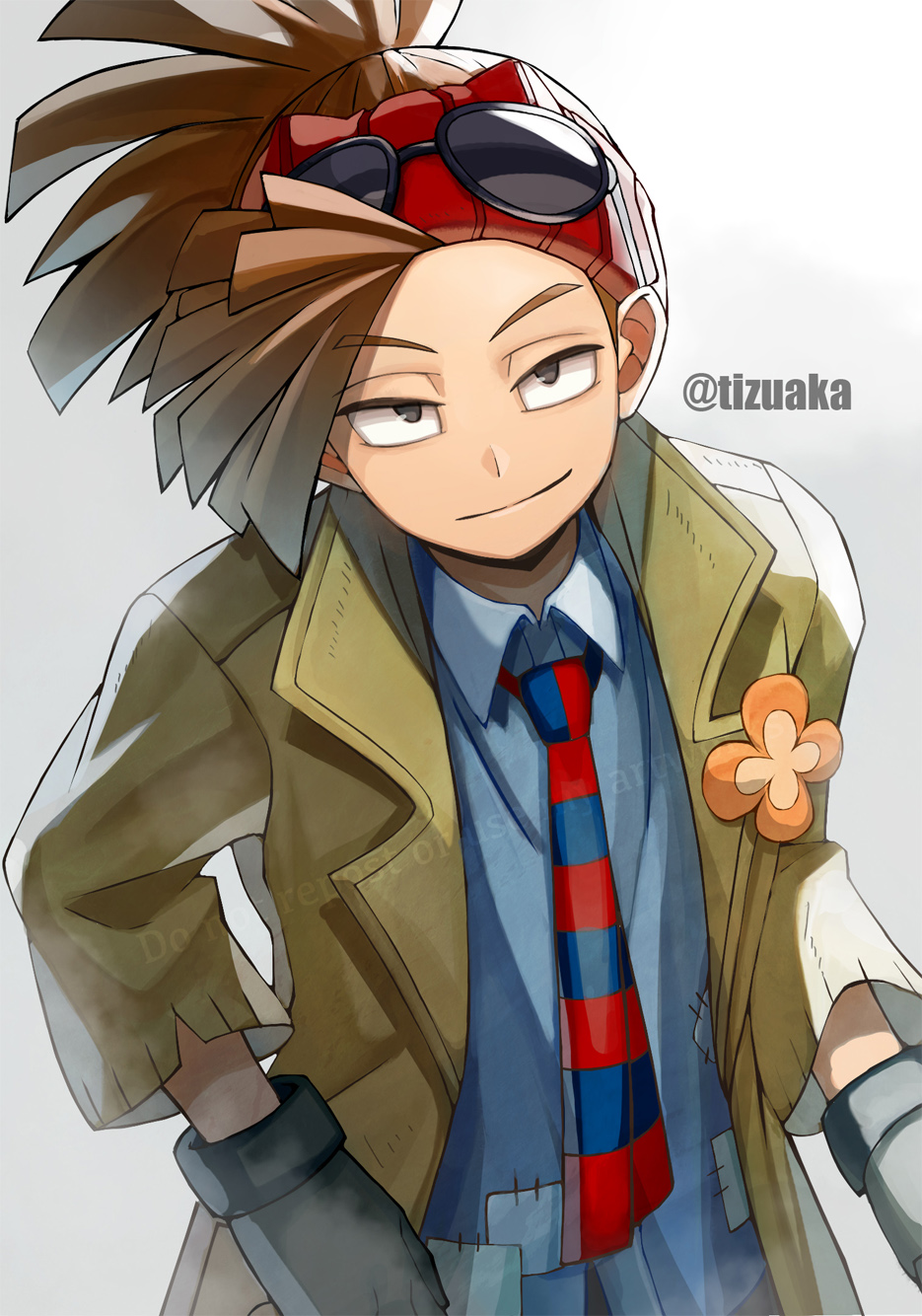 1boy bangs boku_no_hero_academia brown_hair collared_jacket collared_shirt eyewear_on_head from_above gloves grey_eyes half-closed_eyes headband highres lapel_flower long_bangs looking_at_viewer male_focus necktie patchwork_clothes ponytail red_headband rody_soul shirt simple_background smile smirk solo striped_necktie sunglasses tied_hair tonbanlove twitter_username upper_body vest watermark white_background