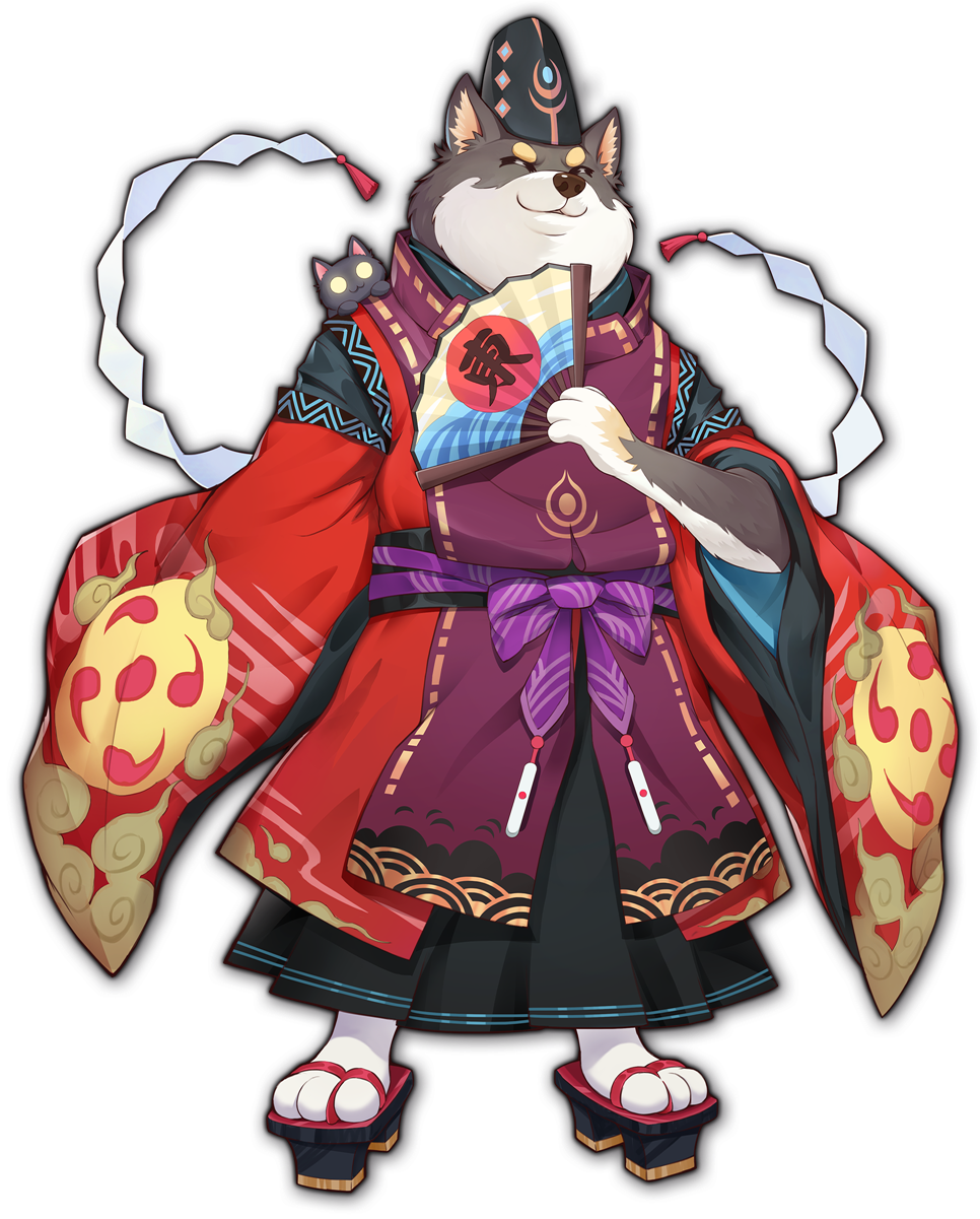 1boy :3 animal artist_request black_cat cat costume_request furry furry_male game_cg hand_fan hat highres holding holding_fan japanese_clothes mahjong mahjong_soul obi official_art paper_fan sash simple_background solo tenbou third-party_source transparent_background wanjirou yostar