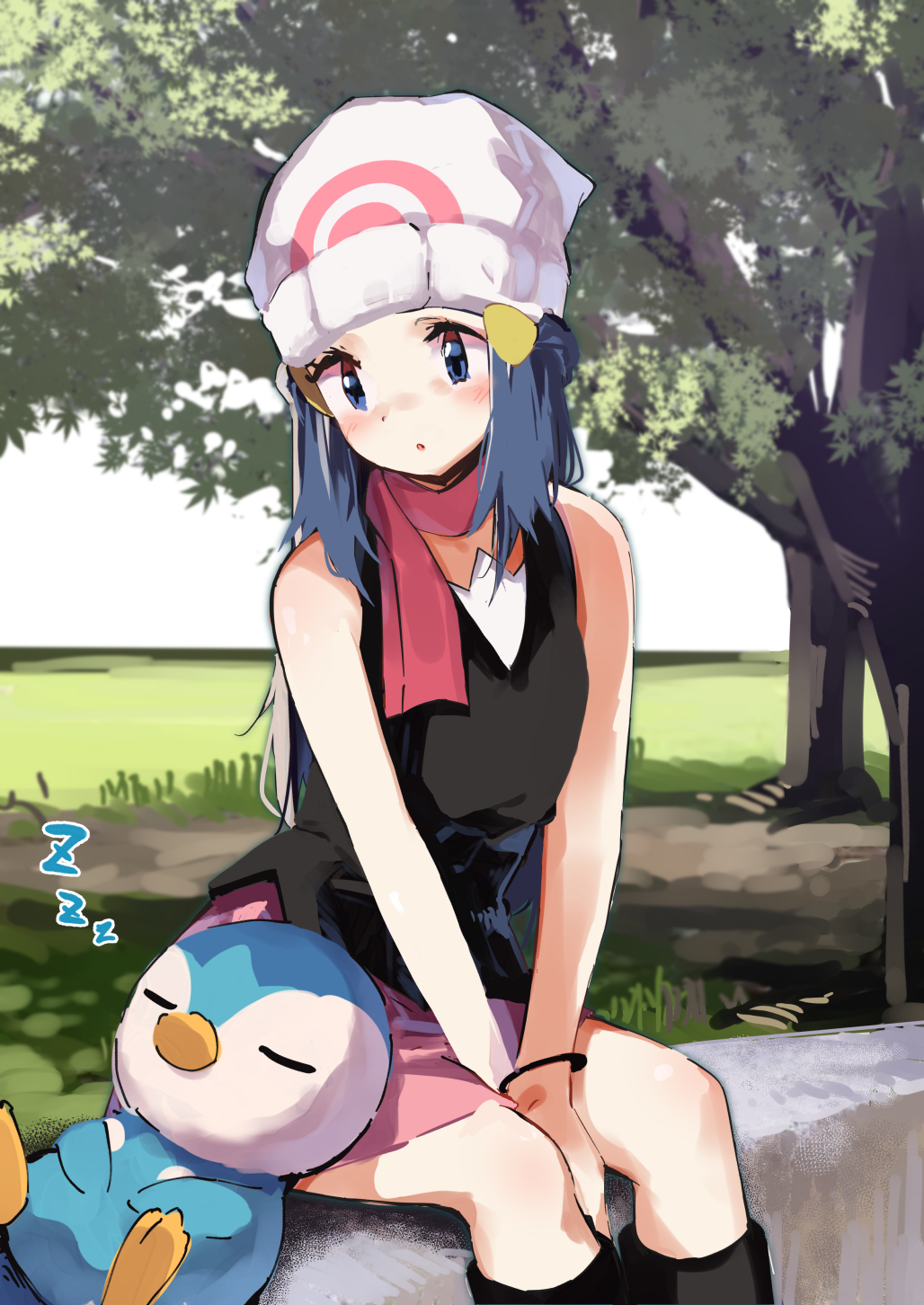 1girl :o bare_arms bare_shoulders beanie black_footwear black_shirt blue_eyes blue_hair blush boots closed_eyes commentary_request day feet_out_of_frame hair_ornament hairclip hat highres hikari_(pokemon) horizon lamb_(hitsujiniku) long_hair outdoors parted_lips pink_skirt piplup pokemon pokemon_(game) pokemon_dppt shirt sitting skirt sleeping sleeping_on_person sleeveless sleeveless_shirt tree very_long_hair white_headwear zzz