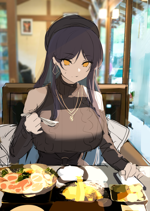 1girl bare_shoulders breasts brown_sweater clothing_cutout earrings eating flat_color food hat holding holding_spoon indoors jewelry large_breasts long_hair looking_at_viewer necklace original plate restaurant shoulder_cutout sitting sketch spoon sweater turtleneck turtleneck_sweater unfinished window xiujia_yihuizi yellow_eyes