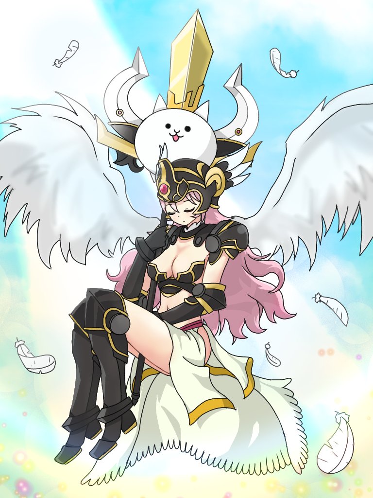 1girl aozorayukkuri armor breasts cat_(nyanko_daisensou) cat_valkyrie_(nyanko_daisensou) closed_eyes clouds cloudy_sky feathers flower light_rays medium_breasts nyanko_daisensou pink_hair polearm sky spear valkyrie weapon wings