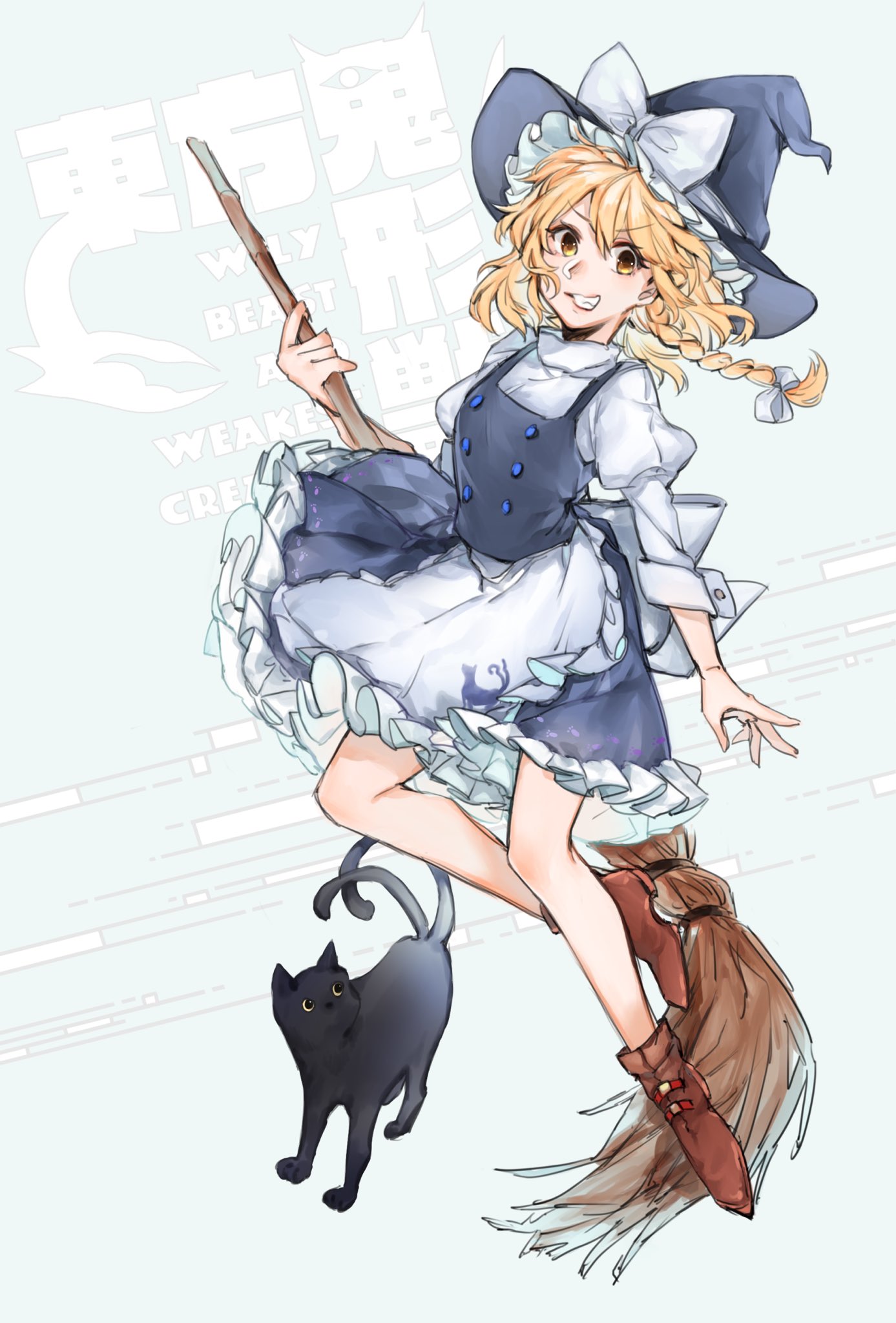 1girl apron blonde_hair bow braid broom cat frills gradient gradient_background grin hat hat_bow highres kirisame_marisa long_hair looking_at_viewer shidaccc shirt skirt smile solo touhou waist_apron white_bow witch_hat yellow_eyes