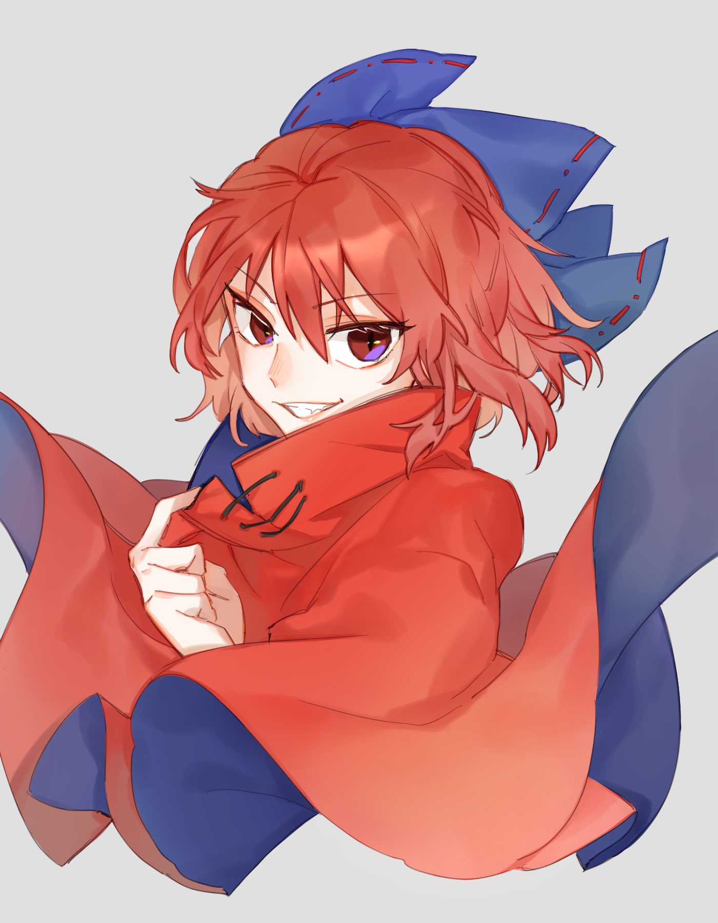 1girl blue_bow bow cape grey_background grin hair_bow high_collar highres long_sleeves looking_at_viewer red_cape red_eyes red_skirt redhead sekibanki shidaccc shirt short_hair simple_background skirt smile solo touhou