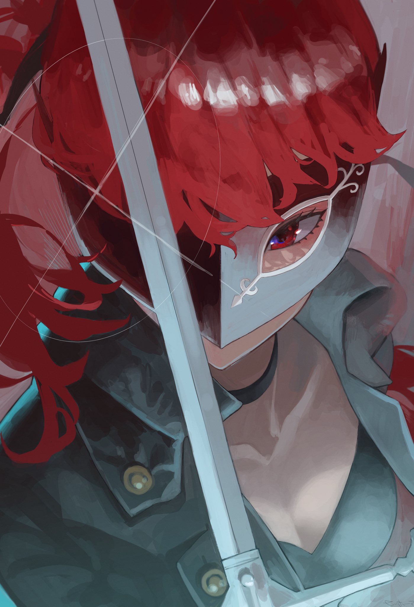 1girl black_choker black_jacket black_mask black_ribbon choker collarbone commentary_request hair_ribbon highres holding holding_sword holding_weapon jacket long_hair looking_at_viewer luc_sion mask masked one_eye_covered open_clothes open_jacket persona persona_5 persona_5_the_royal ponytail red_eyes redhead ribbon solo sword upper_body weapon yoshizawa_kasumi