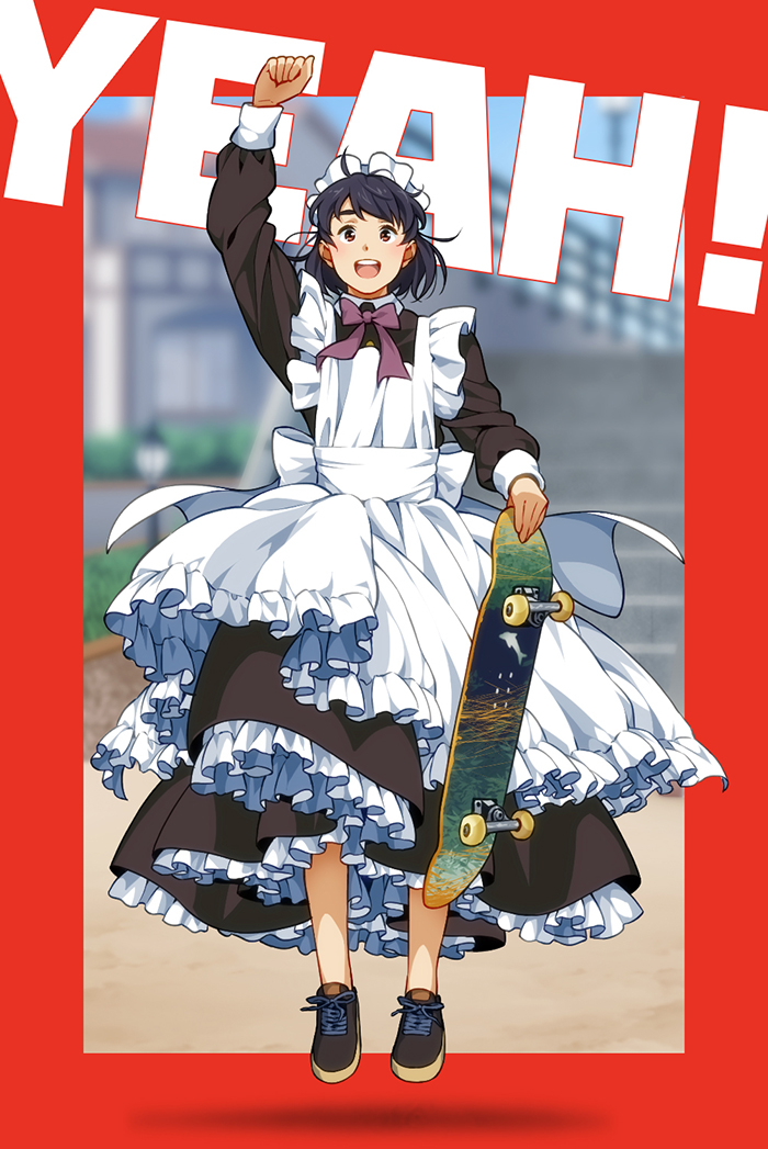 1girl apron black_hair bow bowtie english_commentary english_text frilled_skirt frills happy holding holding_skateboard jumping maid maid_apron maid_headdress original shoes skateboard skirt sneakers solo stairs suzushiro_(suzushiro333)