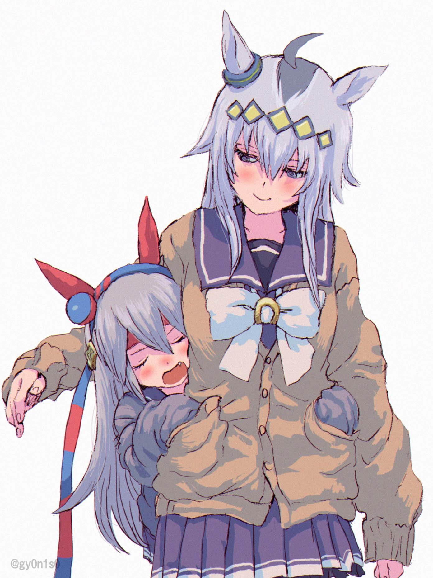 2girls animal_ears bangs blush cardigan closed_eyes closed_mouth fang grey_background grey_hair hairband hand_in_another's_pocket hands_in_pockets headband highres horse_ears kanjin_(gy0n1s0) long_sleeves looking_at_another looking_down multicolored_hair multiple_girls oguri_cap_(umamusume) open_mouth purple_skirt sailor_collar skirt smile tamamo_cross_(umamusume) twitter_username umamusume upper_body watermark