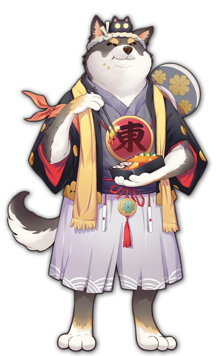 1boy artist_request barefoot chopsticks cucumber_slice dog_tail eating food food_on_face furry furry_male game_cg hagoita holding holding_bento holding_chopsticks japanese_clothes mahjong mahjong_soul male_focus official_art paddle roe scarf simple_background solo sushi tail tempura tenbou third-party_source transparent_background wanjirou yellow_scarf yostar