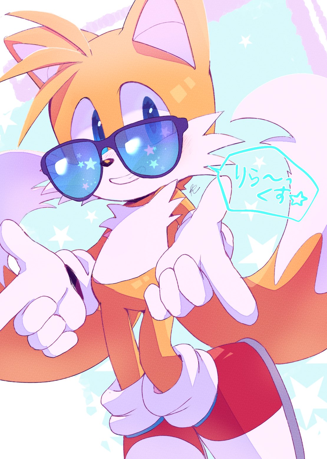 1boy blue-tinted_eyewear blue_eyes fox_boy furry furry_male glasses gloves grin highres male_focus misuta710 multiple_tails smile solo sonic_(series) tail tails_(sonic) tinted_eyewear two_tails white_gloves