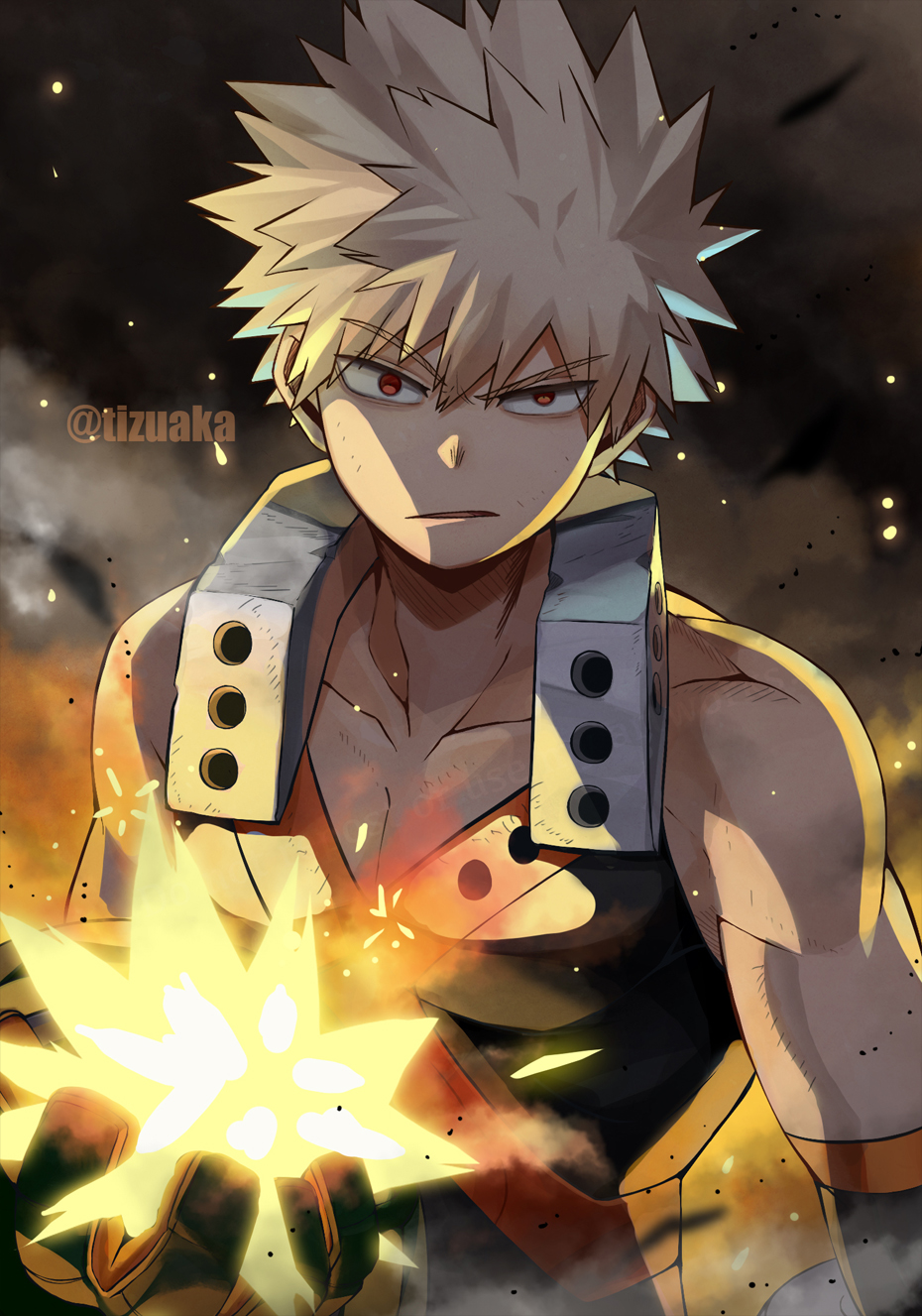1boy arms_at_sides ashes bakugou_katsuki bangs bare_shoulders biceps black_shirt blonde_hair boku_no_hero_academia collarbone detached_sleeves embers explosion eyebrows_visible_through_hair face fire gloves hand_up highres looking_at_viewer male_focus muscular muscular_male narrowed_eyes neck_brace orange_x parted_lips pectoral_cleavage pectorals pyrokinesis raised_eyebrow red_eyes scowl shirt short_hair skin_tight sleeveless smoke solo sparks spiky_hair tonbanlove twitter_username upper_body v-neck v-shaped_eyebrows vambraces x