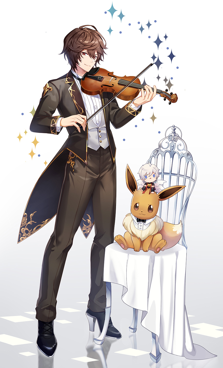 2boys :3 ahoge arms_up black_jacket black_neckwear black_pants black_shirt blue_eyes boots bow bowtie brown_eyes brown_hair chair chibi chibi_on_head coattails dots eevee elbow_gloves fingerless_gloves formal full_body gloves granblue_fantasy hair_between_eyes high_heel_boots high_heels highres holding holding_instrument instrument jacket jiman long_bangs looking_at_viewer lucio_(granblue_fantasy) male_focus multiple_boys multiple_wings music on_head open_mouth pants playing_instrument pleated_shirt pokemon pokemon_(creature) red_eyes reflective_floor sandalphon_(granblue_fantasy) scarf shirt short_hair sitting sitting_on_object smirk sparkle standing tuxedo violin waist_cape waistcoat white_background white_hair wing_collar wings