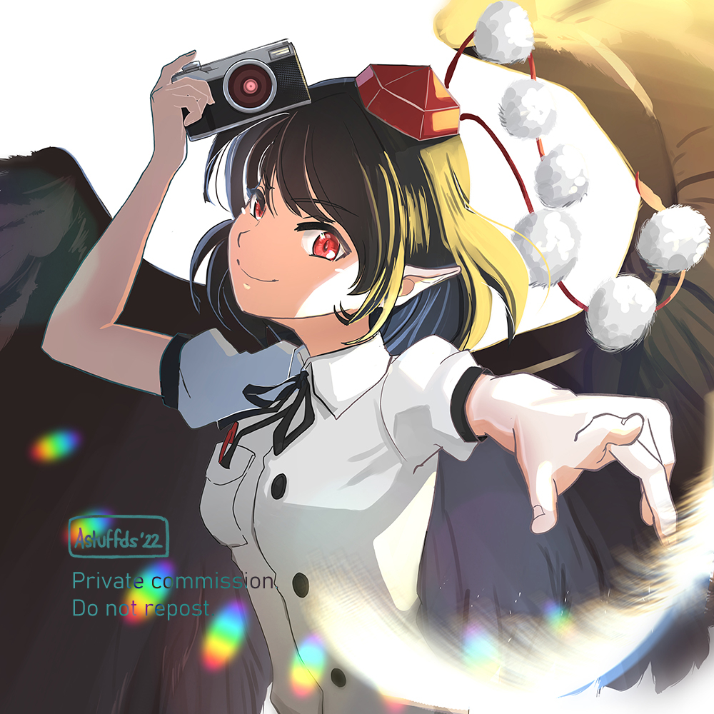1girl astuffds black_hair black_neckwear black_ribbon black_skirt black_wings camera hat looking_at_viewer pointy_ears pom_pom_(clothes) puffy_short_sleeves puffy_sleeves red_eyes ribbon shameimaru_aya shirt short_hair short_sleeves skirt smile solo tokin_hat touhou white_shirt wings