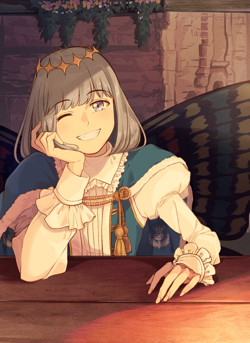 bangs blue_cape blue_eyes butterfly_wings cape cloak coffeekite collared_shirt crown diamond_hairband fairy fairy_wings fate/grand_order fate_(series) fur-trimmed_cloak fur_trim gold_trim grey_hair grin hand_on_table head_on_hand highres insect_wings long_sleeves medium_hair oberon_(fate) one_eye_closed puffy_sleeves shirt smile table tassel white_fur white_shirt wings wooden_table