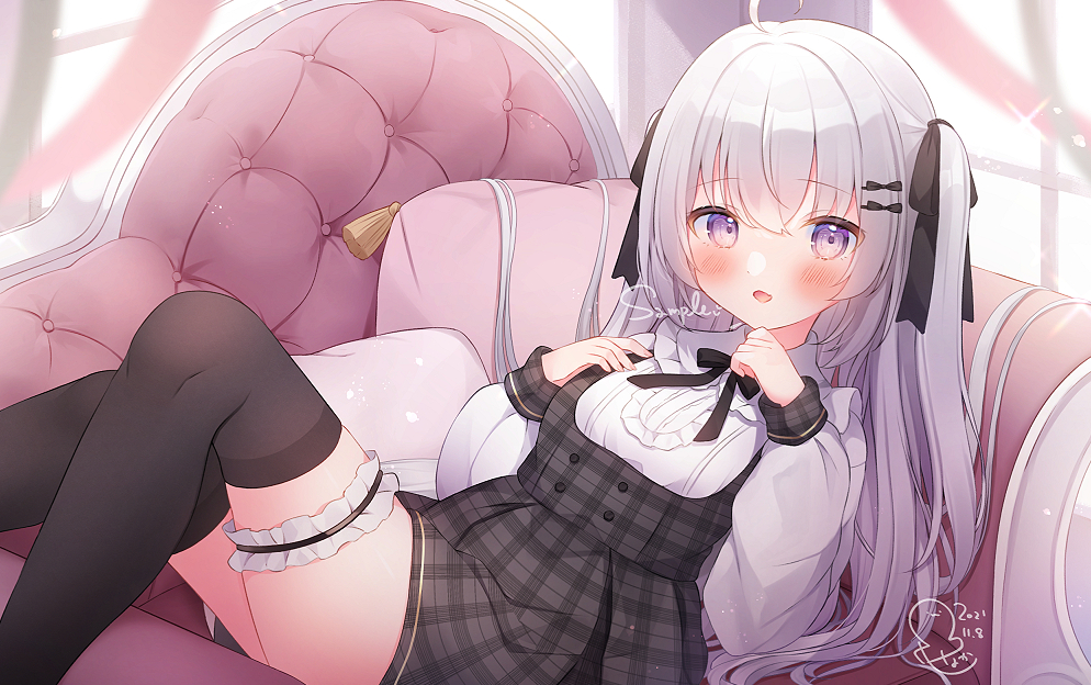 1girl :o ahoge bangs black_legwear blush bow chair cowboy_shot crossed_bangs dated eyebrows_visible_through_hair frilled_straps grey_hair hair_between_eyes hair_bow hair_ornament hair_ribbon hand_up knees_together_feet_apart long_sleeves looking_at_viewer omochi_monaka open_mouth original over-kneehighs pillow pleated_skirt ribbon sample_watermark shirt signature silver_hair skirt solo sparkle tassel thigh-highs thigh_strap thighs two_side_up violet_eyes virtual_youtuber white_shirt
