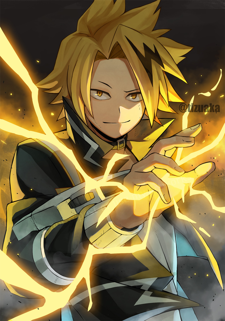 1boy ashes bangs belt_collar black_hair black_jacket blonde_hair boku_no_hero_academia collar disc_shooter electricity electrokinesis embers hand_up high_collar highres jacket kaminari_denki lightning_bolt_symbol long_bangs looking_at_viewer male_focus multicolored_hair parted_bangs raised_eyebrow shirt short_hair smirk smoke solo spiky_hair streaked_hair tonbanlove twitter_username upper_body white_shirt yellow_eyes