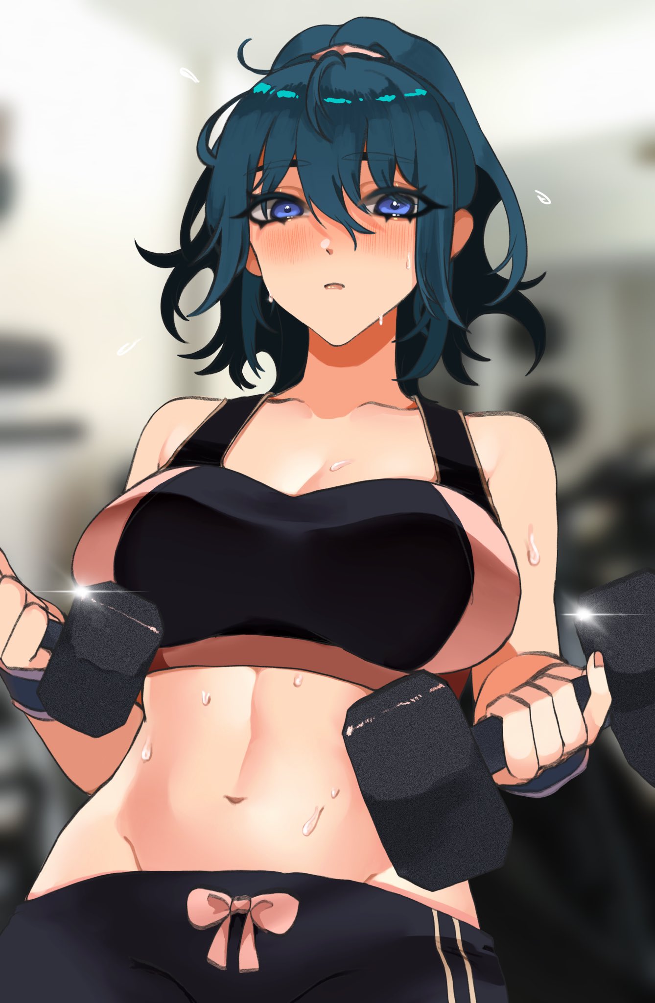 1girl alternate_hairstyle bangs blue_eyes blue_hair blush breasts byleth_(fire_emblem) byleth_eisner_(female) closed_mouth dumbbell exercise fire_emblem fire_emblem:_three_houses gym highres large_breasts looking_at_viewer medium_hair navel octoboo pants ponytail sports_bra sweat tomboy weightlifting weights yoga_pants