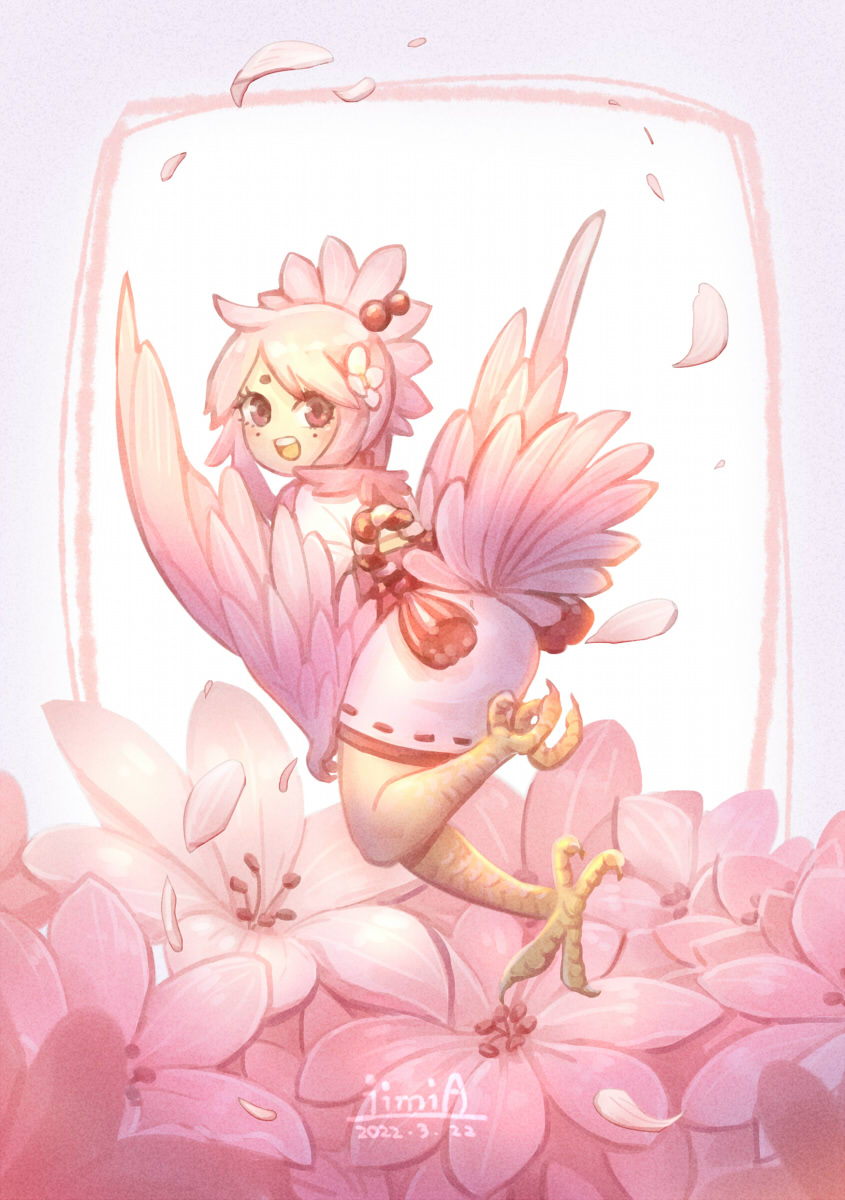 1girl artist_name bird_legs bird_tail facial_mark feathered_wings flower from_behind hair_flower hair_ornament harpy highres iimia looking_at_viewer looking_back monster_girl open_mouth original pink_eyes pink_feathers pink_flower pink_hair pink_wings rope shimenawa short_hair solo tail tail_feathers talons winged_arms wings