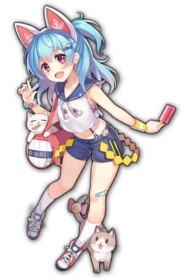 1girl animal_ears artist_request bag bandaid bandaid_on_knee bandaid_on_leg bell blue_hair bow bracelet cat_ears eyebrows_visible_through_hair fang food game_cg hair_ornament holding holding_bag holding_food igarashi_haruna jewelry looking_at_viewer mahjong_soul midriff navel official_art pink_bow popsicle red_eyes shoes shorts simple_background skin_fang sneakers solo sweatband third-party_source transparent_background yostar