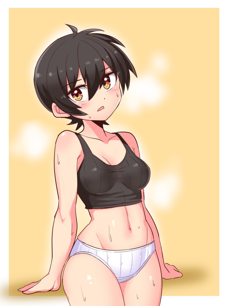 1girl bangs black_hair black_sports_bra breasts brown_eyes commentary cougar_(cougar1404) cowboy_shot crotch_seam frown groin medium_breasts nari_(cougar1404) navel open_mouth original panties short_hair solo sports_bra standing sweat underwear underwear_only white_panties