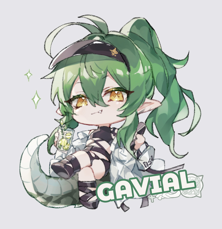 1girl arknights bangs black_footwear character_name chibi chinese_commentary closed_mouth commentary_request crocodilian_tail crossed_legs cup drink drinking_glass fang fang_out food fruit full_body gavial_(arknights) green_hair grey_background hair_between_eyes holding holding_cup holding_drink holding_eyewear jacket lime_(fruit) lime_slice long_hair looking_at_viewer official_alternate_costume pointy_ears ponytail simple_background sitting smile solo sparkle sunglasses swimsuit tail visor_cap white_jacket yellow_eyes yusa_(yusa0751)