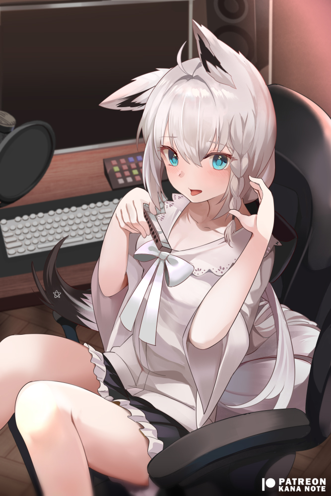 1girl ahoge animal_ear_fluff animal_ears bangs black_skirt blue_eyes blush bow bowtie braid chair eyebrows_visible_through_hair fox_ears fox_girl fox_tail gaming_chair hair_between_eyes harmonica holding holding_instrument hololive instrument kananote keyboard_(computer) long_hair looking_at_viewer microphone monitor open_mouth shirakami_fubuki shirt silver_hair sitting skirt solo speaker tail tongue tongue_out very_long_hair virtual_youtuber white_bow white_bowtie white_shirt wide_sleeves