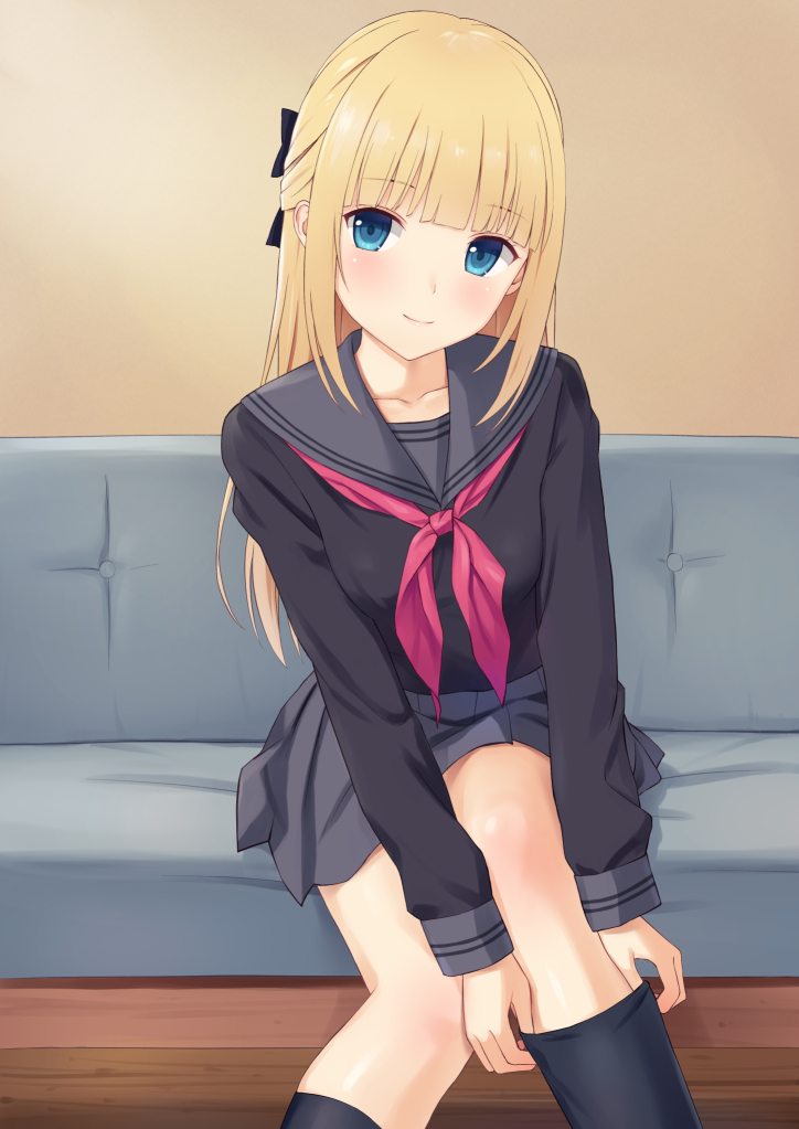1girl adjusting_clothes adjusting_legwear bangs banned_artist black_blouse black_bow black_legwear black_sailor_collar black_serafuku black_skirt blonde_hair blouse blue_bow blunt_bangs bow closed_mouth collarbone commentary_request eyebrows_visible_through_hair hair_bow indoors kneehighs long_hair long_sleeves looking_at_viewer n.g. neckerchief original pleated_skirt red_neckerchief reward_available sailor_collar school_uniform serafuku sitting skirt sleeve_cuffs smile solo straight_hair