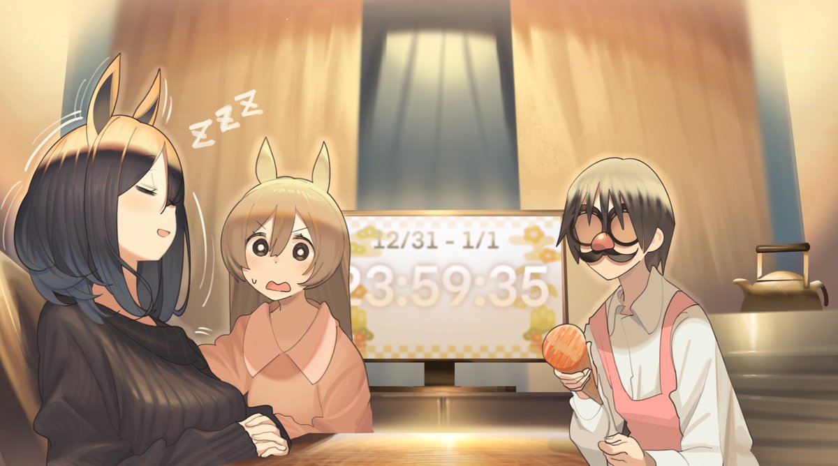 1boy 2girls alternate_hairstyle apron ashinowoto bangs black_hair black_sweater brown_hair closed_eyes collared_shirt commentary_request curtains eishin_flash_(umamusume) faceless faceless_male funny_glasses glasses hair_down indoors kettle medium_hair motion_lines multiple_girls new_year's_eve open_mouth own_hands_clasped own_hands_together party_popper pink_shirt shirt short_hair sleeping sleeves_past_wrists smart_falcon_(umamusume) sweat sweater table television trainer_(umamusume) umamusume v-shaped_eyebrows waking_another white_shirt zzz