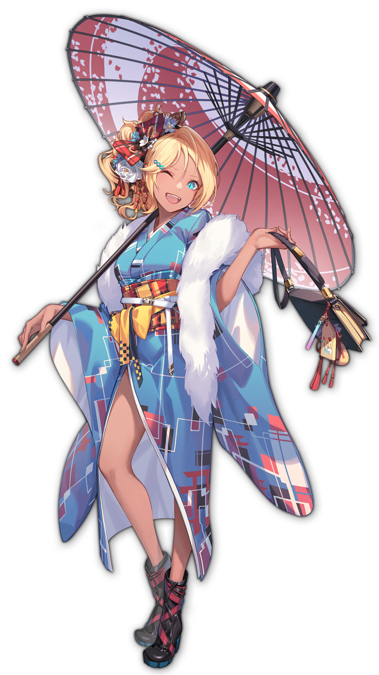 1girl aqua_eyes artist_request bag blonde_hair boots bow fang flower fujimoto_kirara fur_scarf game_cg hagoita hair_flower hair_ornament highres holding holding_bag holding_umbrella japanese_clothes kimono looking_at_viewer mahjong_soul obi official_art oil-paper_umbrella one_eye_closed open_mouth paddle plaid plaid_bow ponytail rose sash simple_background solo standing third-party_source transparent_background umbrella white_flower white_rose yostar