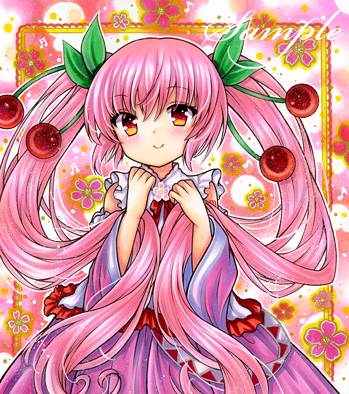 1girl bangs bare_shoulders blush border cherry cherry_blossoms cherry_hair_ornament closed_mouth detached_sleeves dot_nose eyebrows_visible_through_hair floral_background flower food food-themed_hair_ornament frilled_shirt frills fruit hair_between_eyes hair_ornament hands_up hatsune_miku leaf leaf_hair_ornament long_hair long_sleeves looking_at_viewer marker_(medium) neck_ribbon outside_border pink_background pink_flower pink_hair pink_skirt pink_sleeves pink_theme red_eyes red_ribbon red_trim ribbon rui_(sugar3) sakura_miku sample_watermark shirt skirt sleeveless sleeveless_shirt smile solo standing traditional_media twintails upper_body very_long_hair vocaloid white_shirt wide_sleeves