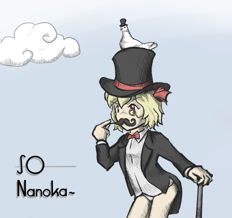blonde_hair cloud clouds facial_hair hat is_that_so monocle mustache no_pants pigeon red_eyes rumia short_hair top_hat touhou tren